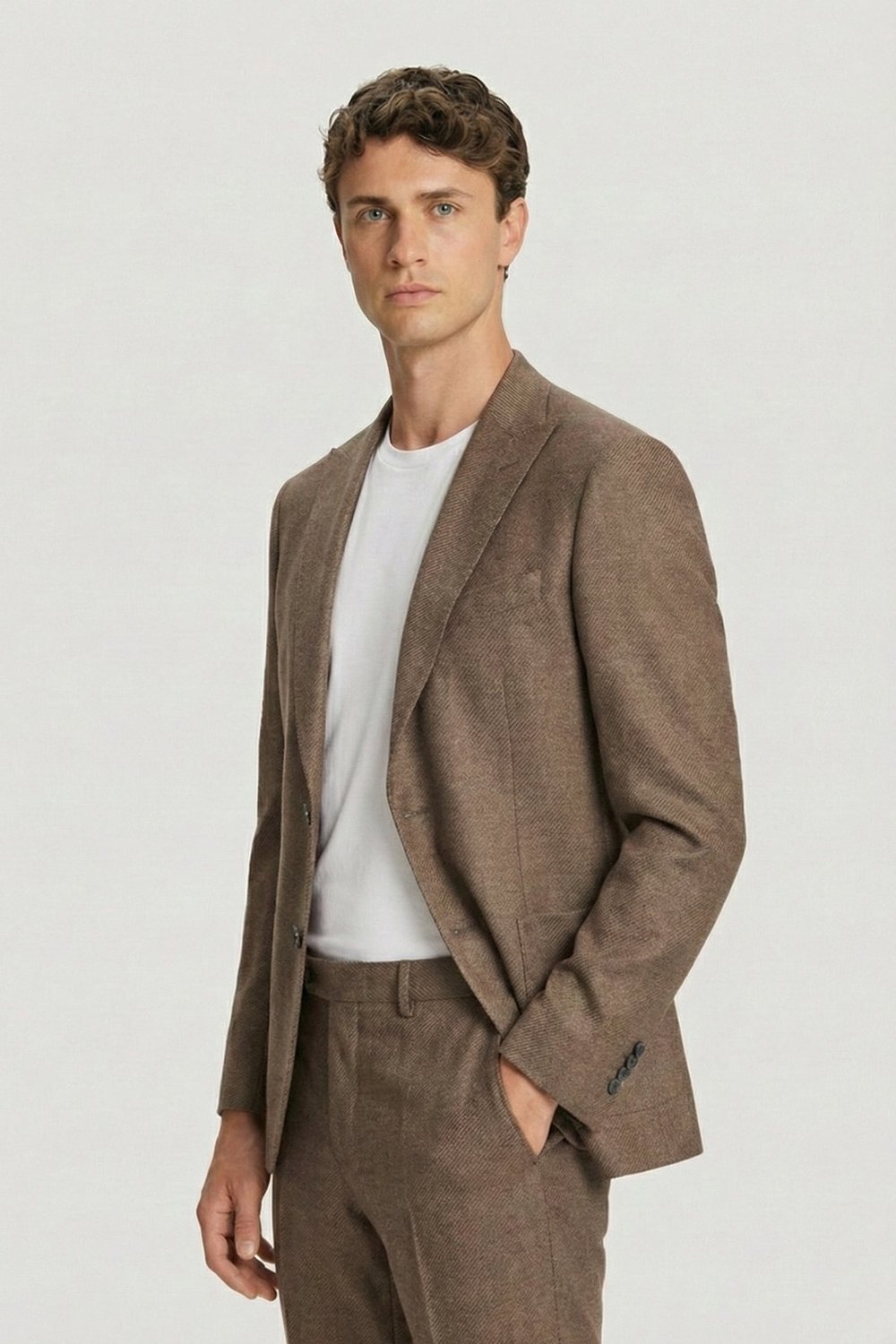 Erkek Kiremit Slim Fit Diyagonal Desenli Sivri Yaka Kordonlu Takım Elbise