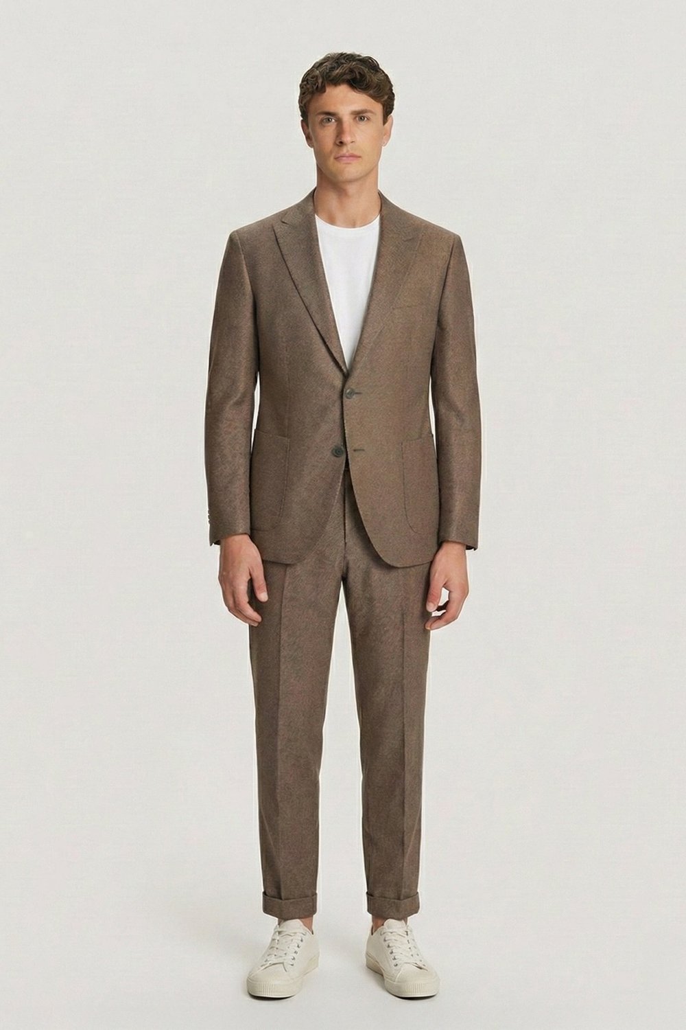 Erkek Kiremit Slim Fit Diyagonal Desenli Sivri Yaka Kordonlu Takım Elbise