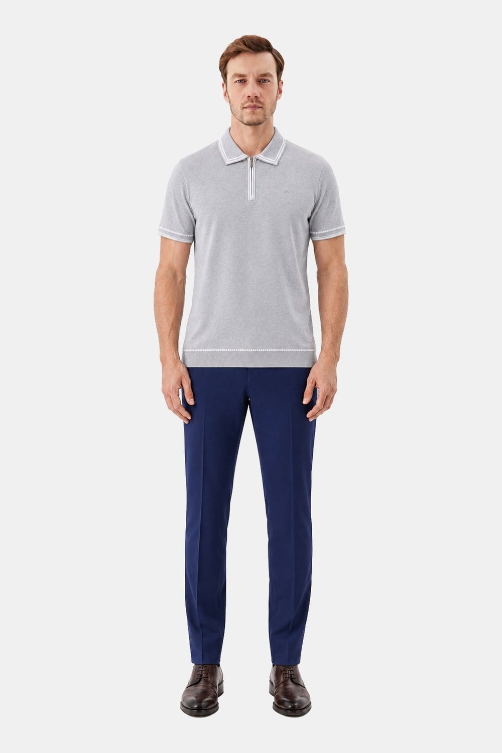 Taş %100 Pamuk Fermuarlı Polo Yaka Triko T-Shirt