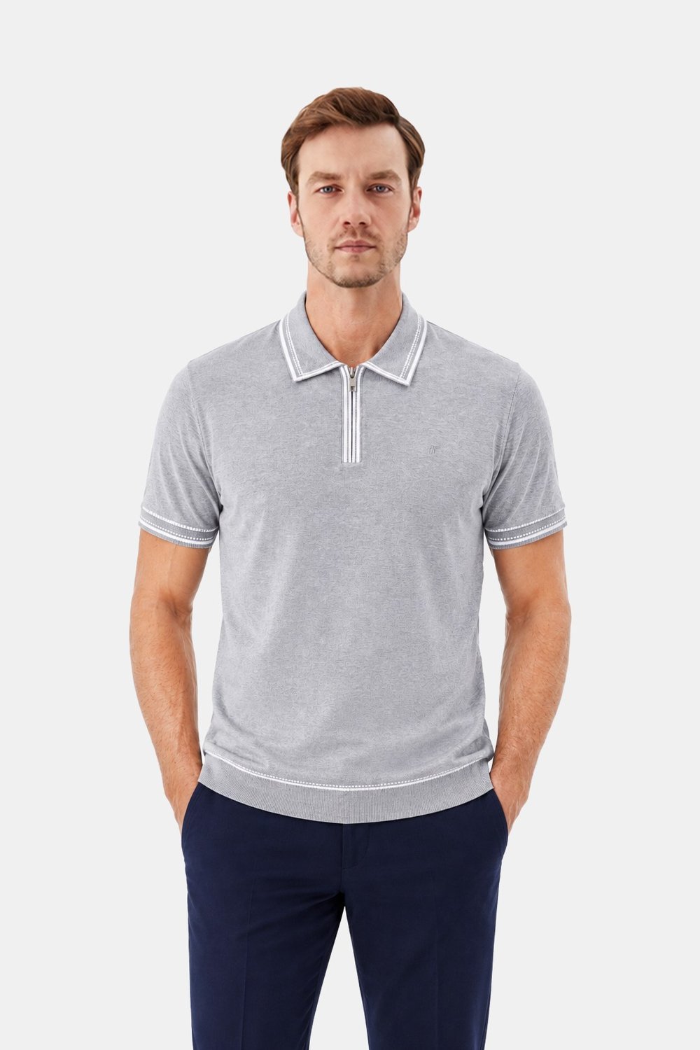 Taş %100 Pamuk Fermuarlı Polo Yaka Triko T-Shirt