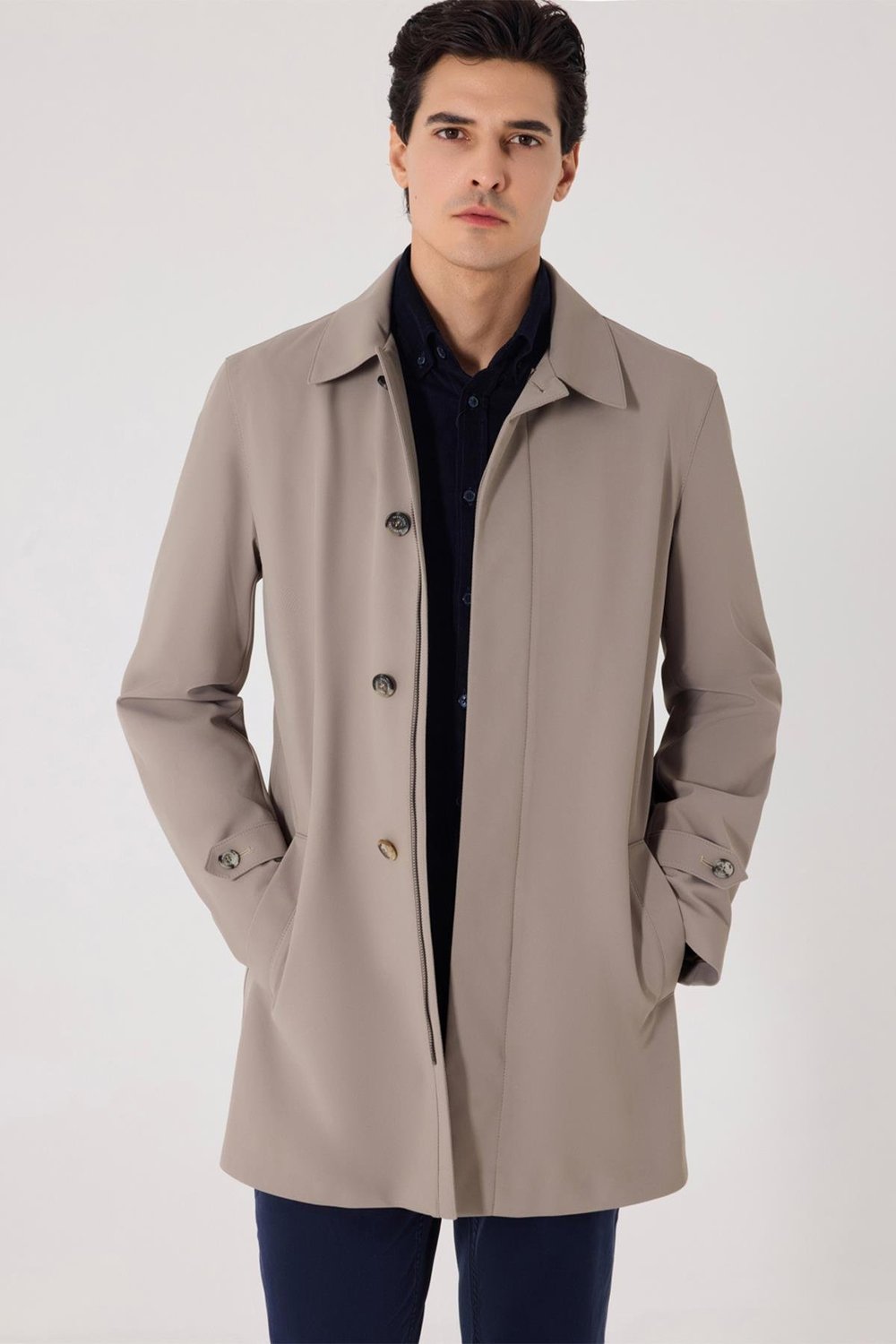 Vizon Slim Fit Dik Yaka Fermuarlı Erkek Trençkot