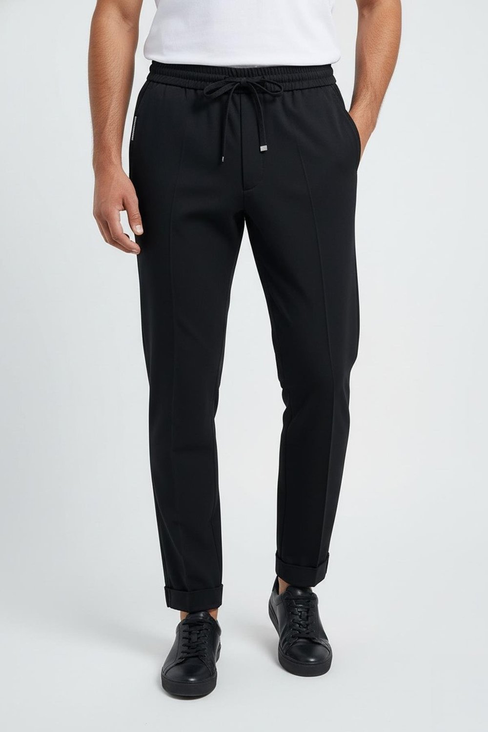 Giotelli Siyah Slim Fit %100 Yün Balıksırtı Desenli Erkek Jogger Pantolon