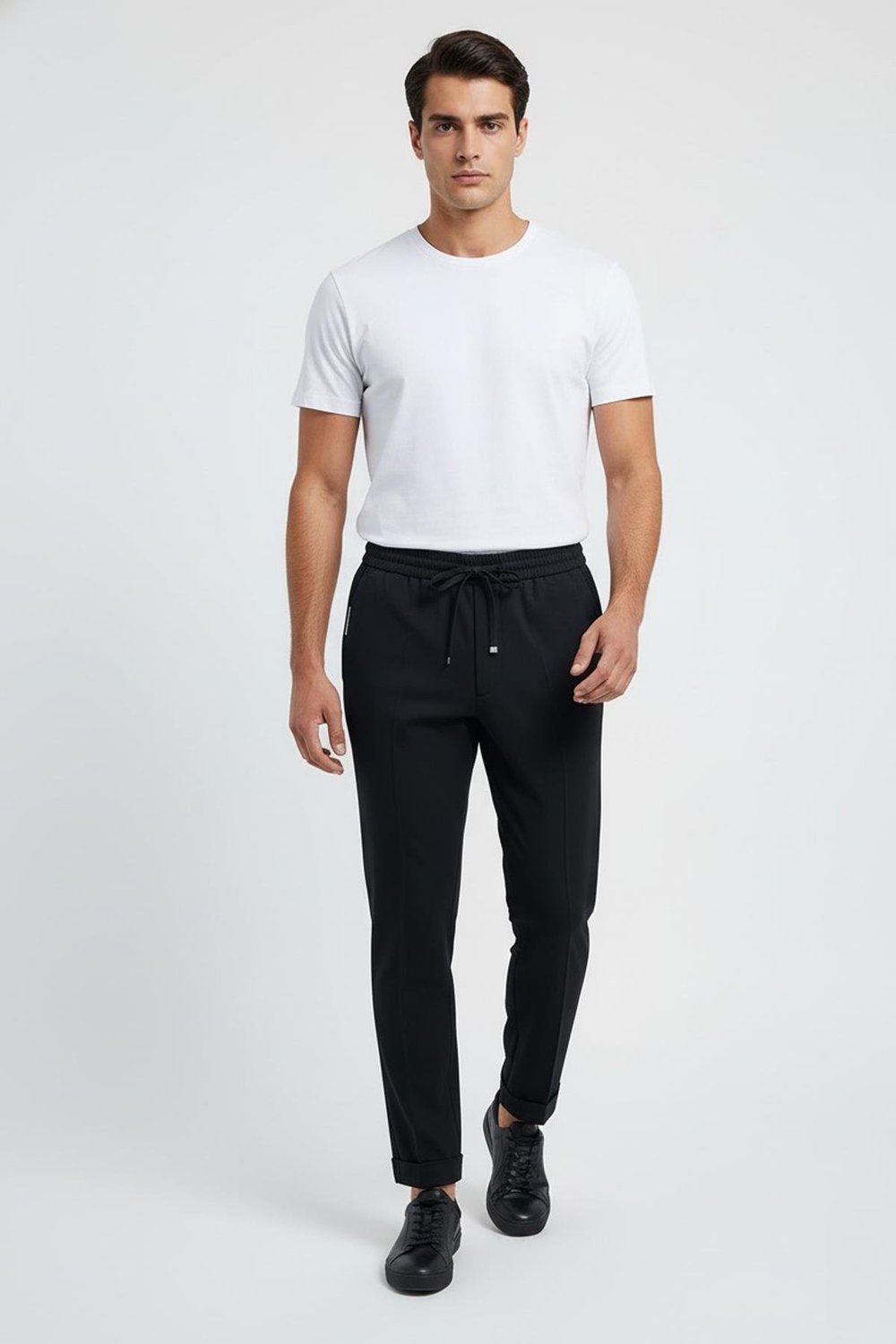 Giotelli Siyah Slim Fit %100 Yün Balıksırtı Desenli Erkek Jogger Pantolon