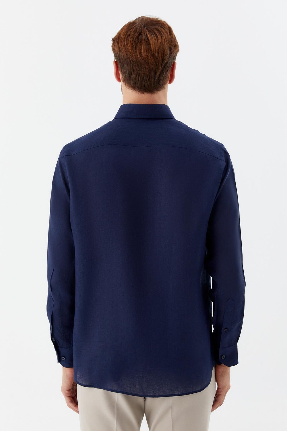 Erkek Lacivert Uzun Kollu %100 Keten Regular Fit Düğmeli Yaka Gömlek