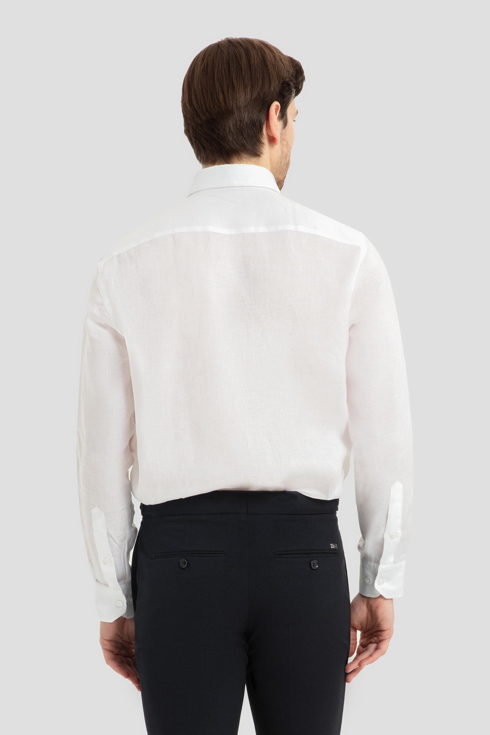 Erkek Beyaz Uzun Kollu %100 Keten Regular Fit Düğmeli Yaka Gömlek