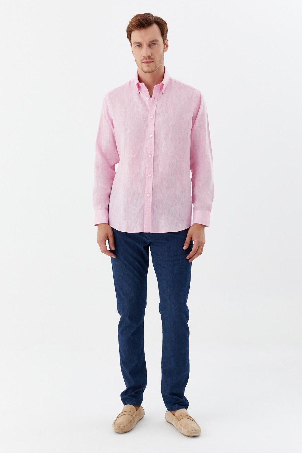 Pembe %100 Keten Regular Fit Uzun Kollu Düğmeli Yaka Gömlek 