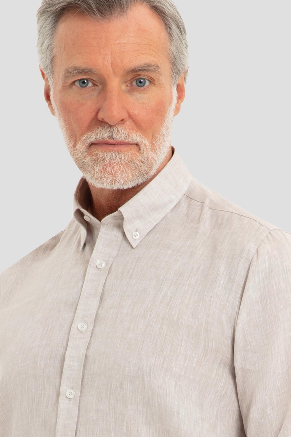 Erkek Bej Uzun Kollu %100 Keten Regular Fit Düğmeli Yaka Gömlek