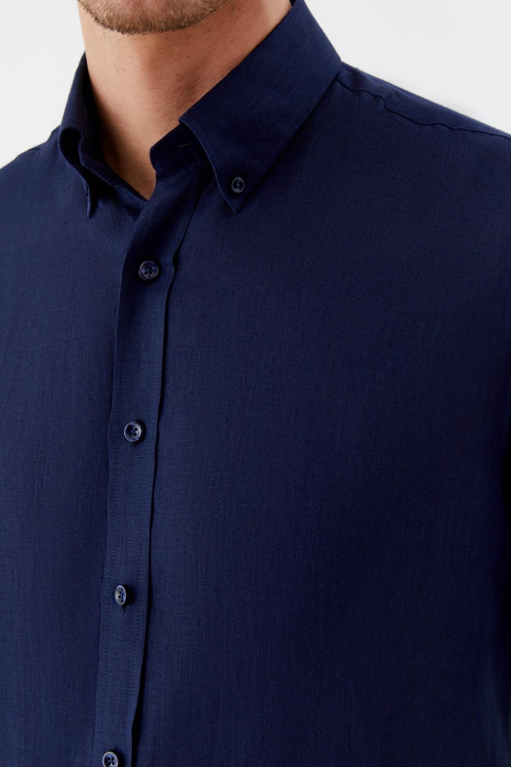 Erkek Lacivert Uzun Kollu %100 Keten Regular Fit Düğmeli Yaka Gömlek