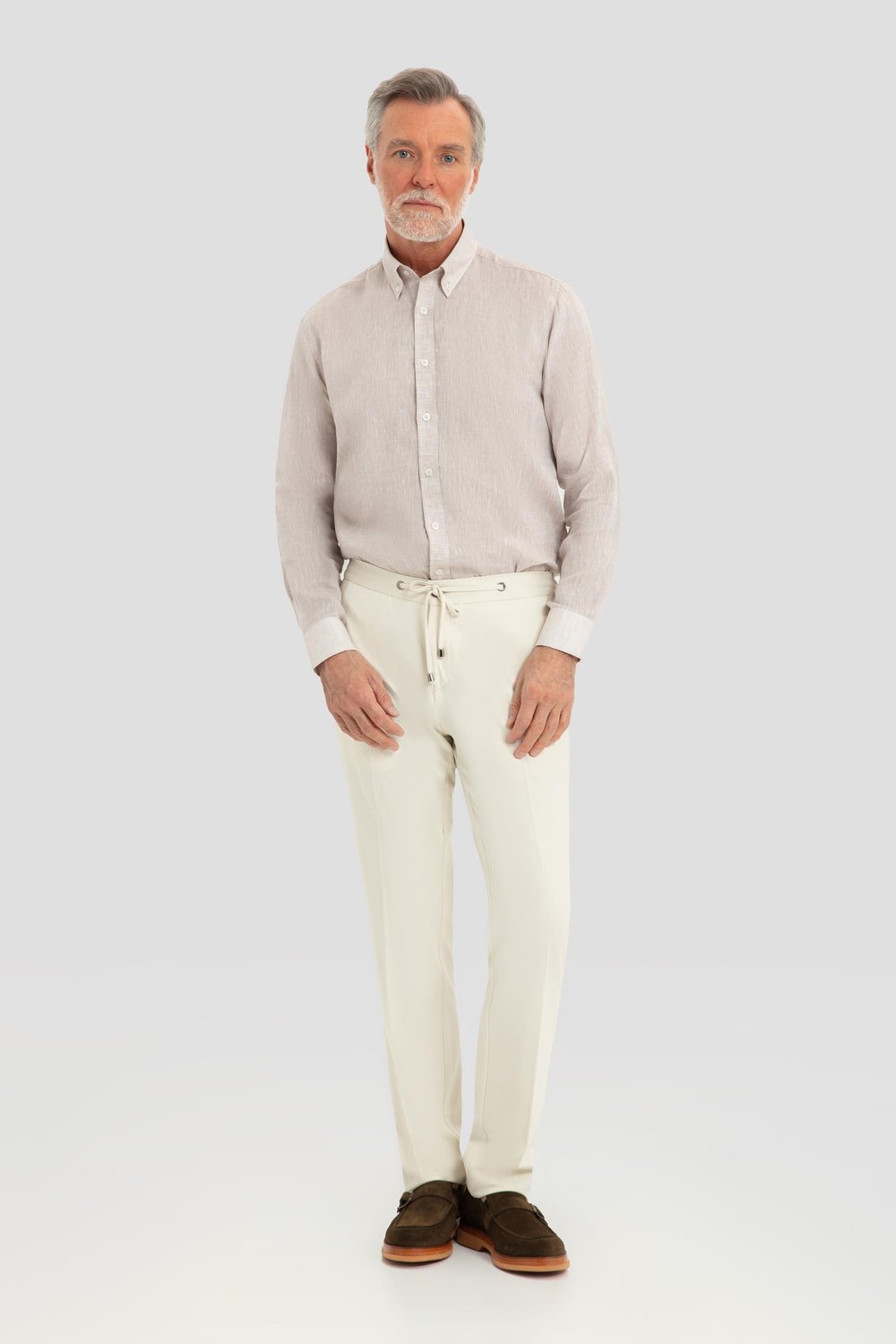 Erkek Bej Uzun Kollu %100 Keten Regular Fit Düğmeli Yaka Gömlek