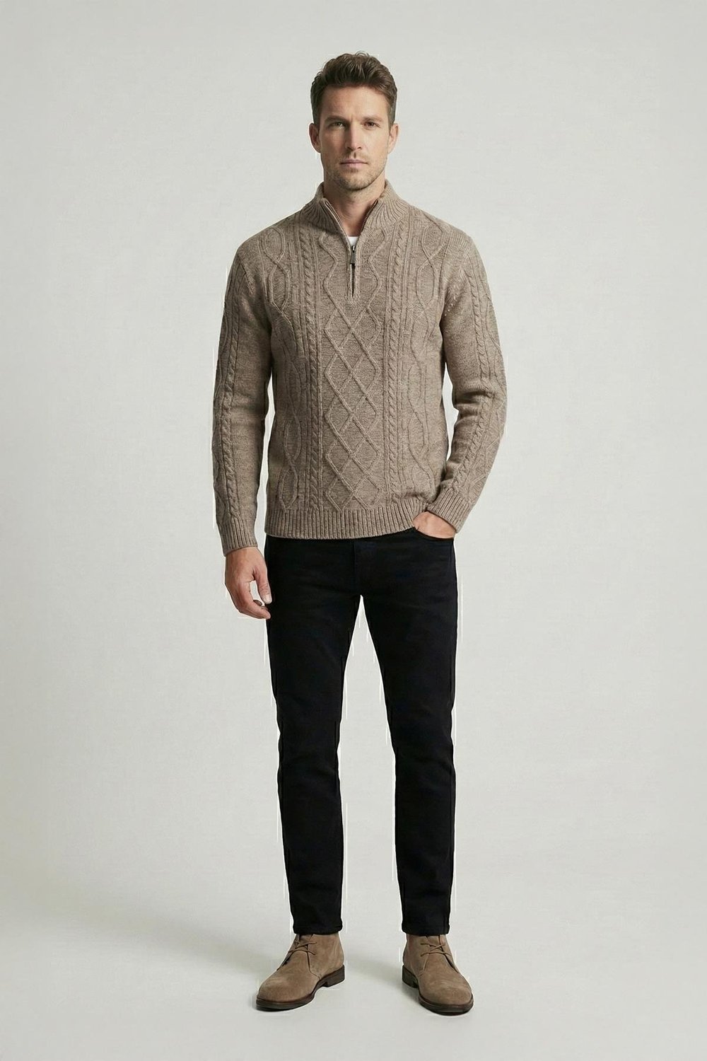 Vizon Regular Fit Yünlü Desenli Fermuarlı Yarım Balıkçı Yaka Triko Kazak
