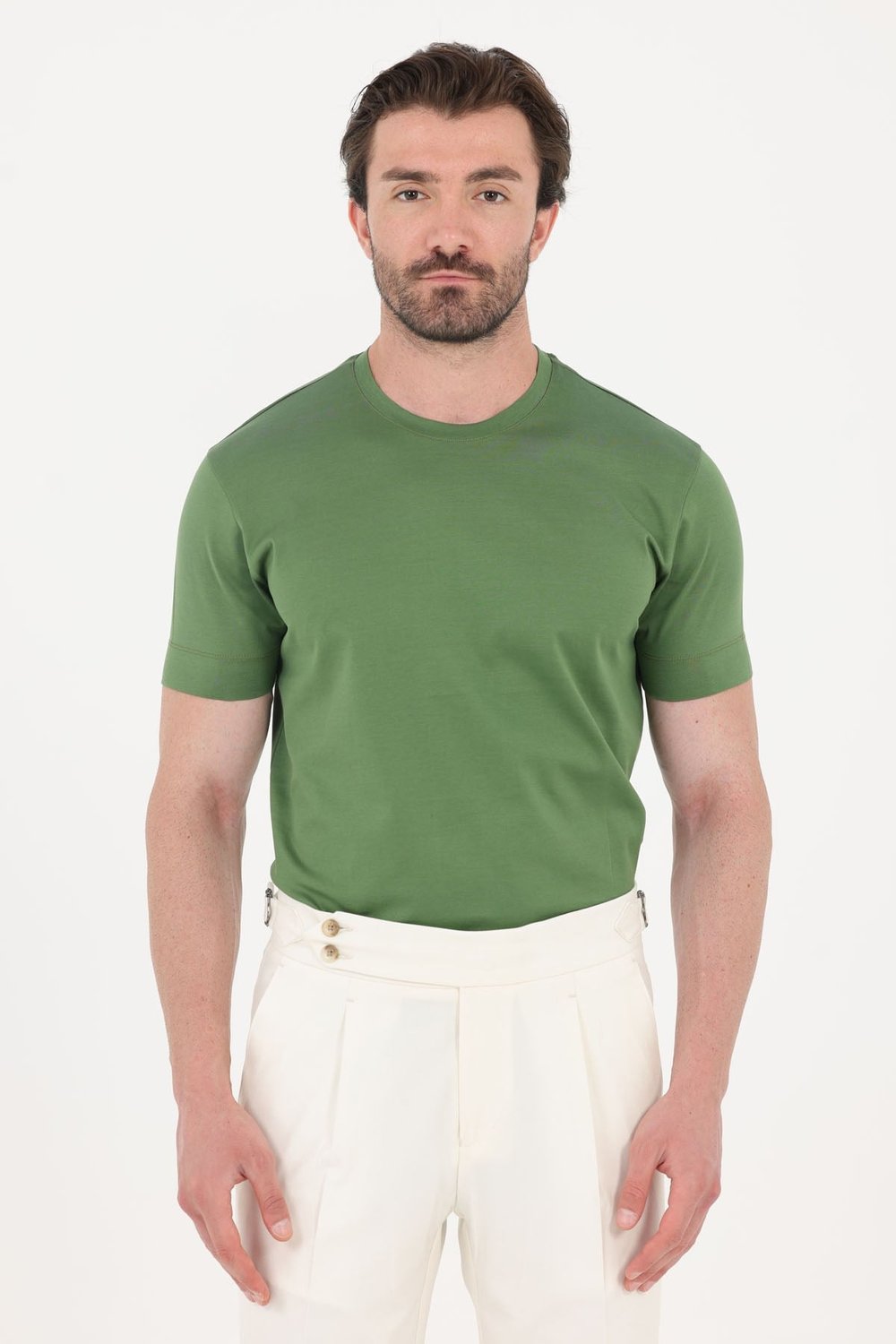 Yağ Yeşili %100 Pamuk Regular Fit Bisiklet Yaka Basic T-shirt