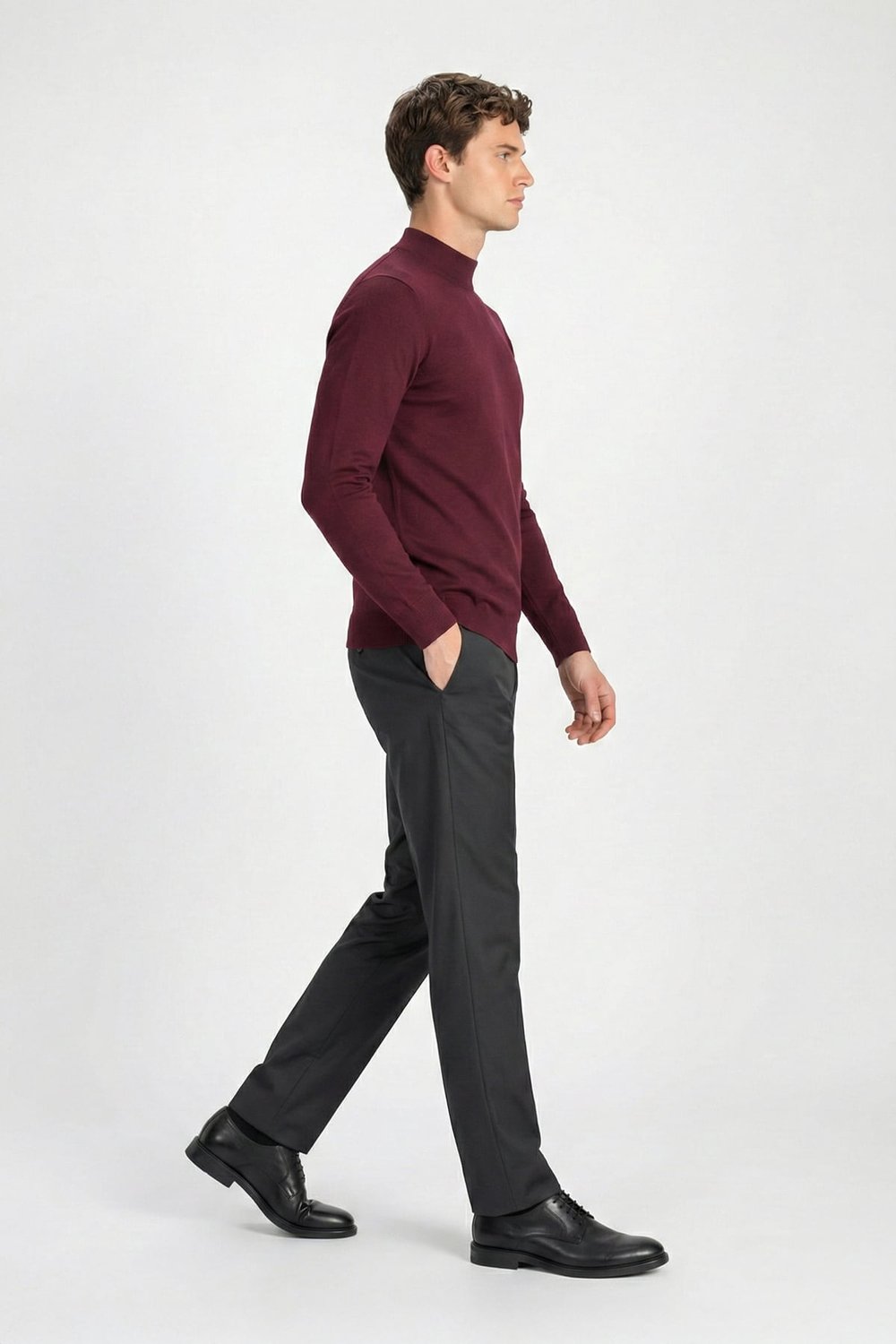 Erkek Bordo Normal Kesim Regular Fit Yünlü Melanj Yarım Balıkçı Yaka Triko Kazak