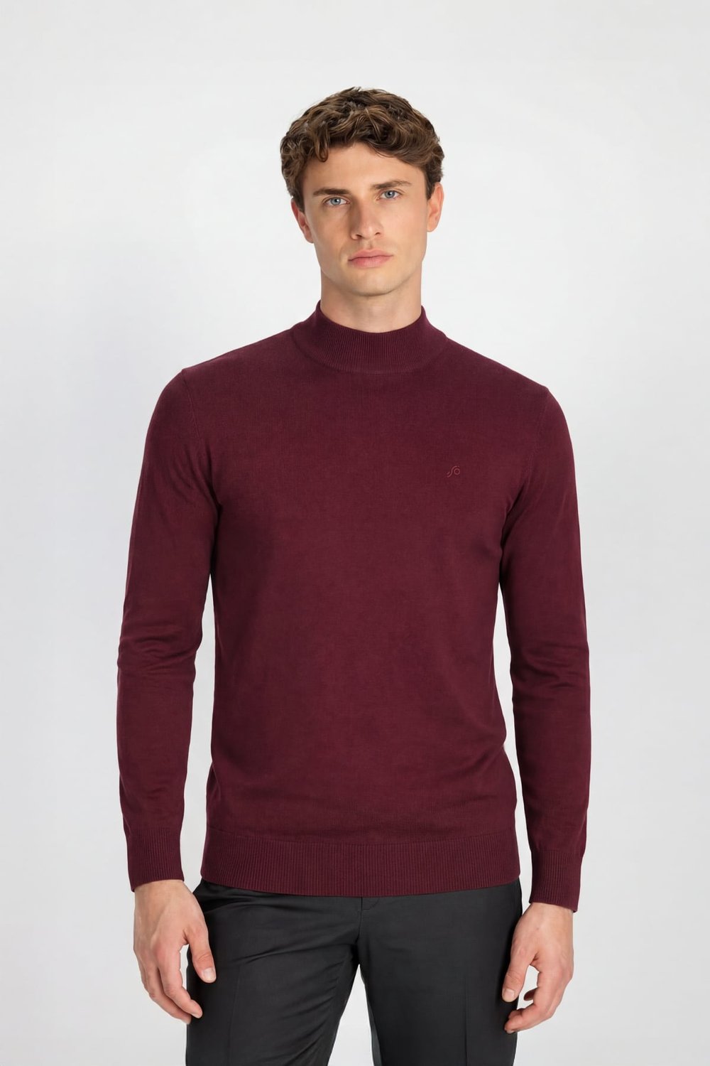 Erkek Bordo Normal Kesim Regular Fit Yünlü Melanj Yarım Balıkçı Yaka Triko Kazak