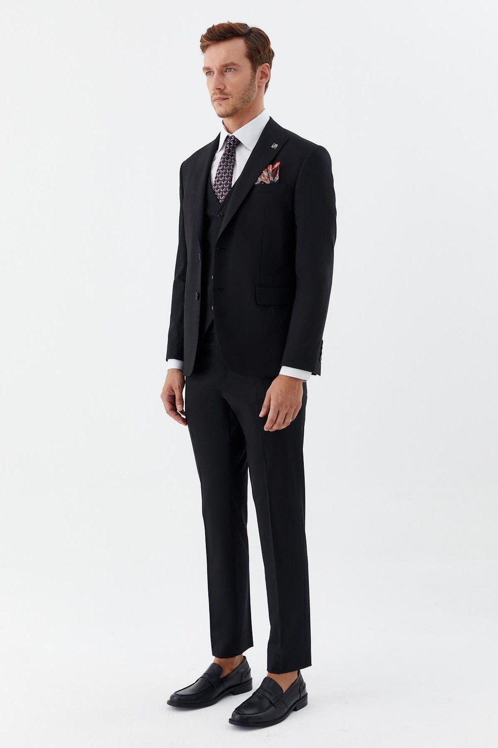 Erkek Siyah Slim Fit Yün Karışımlı Mono Yaka Yelekli 6 Drop Takım Elbise