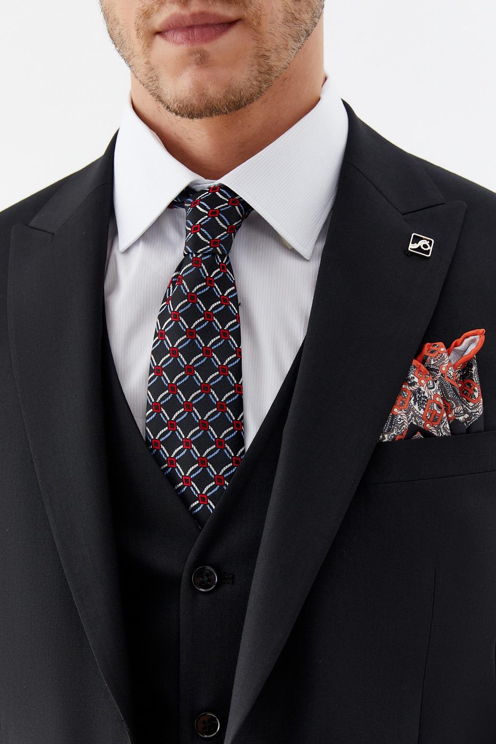 Erkek Siyah Slim Fit Yün Karışımlı Mono Yaka Yelekli 6 Drop Takım Elbise