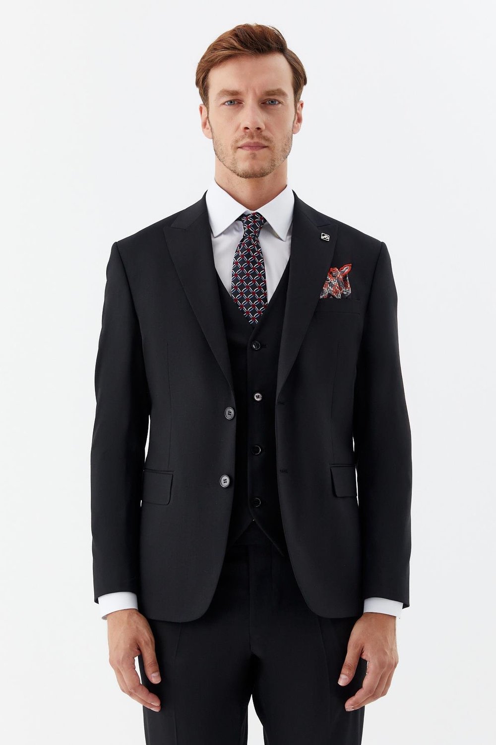 Erkek Siyah Slim Fit Yün Karışımlı Mono Yaka Yelekli 6 Drop Takım Elbise