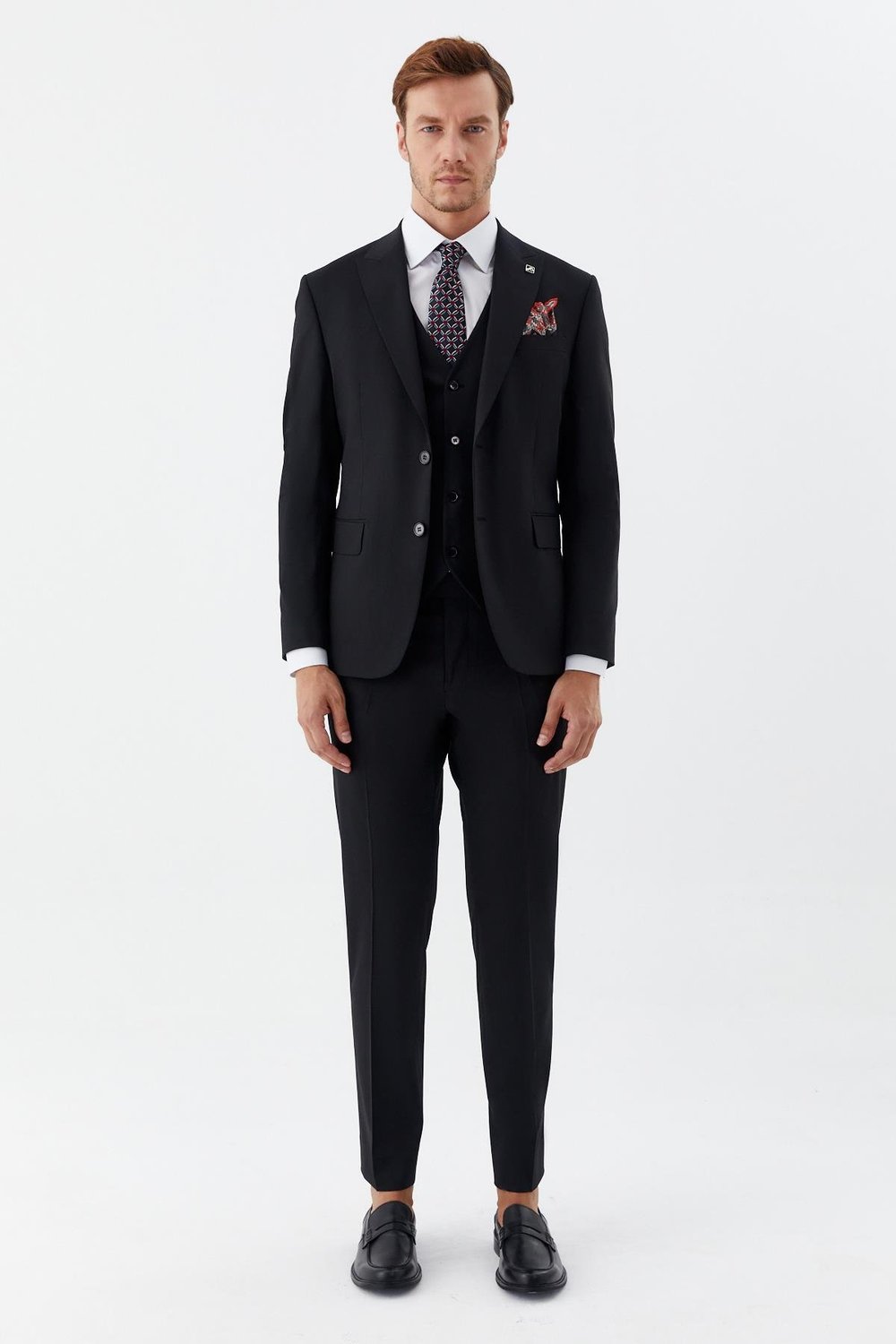 Erkek Siyah Slim Fit Yün Karışımlı Mono Yaka Yelekli 6 Drop Takım Elbise