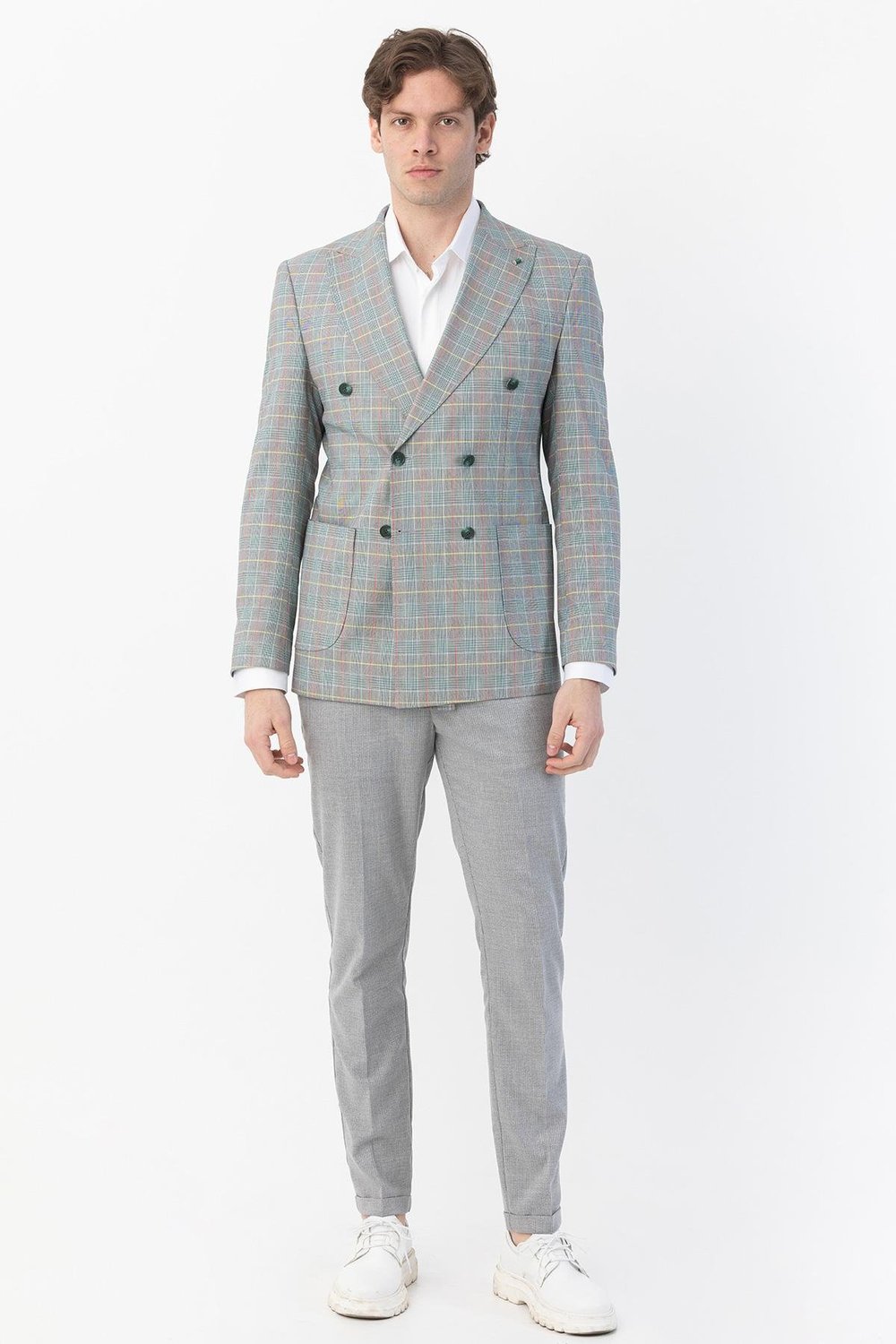 Giotelli Yeşil Regular Fit Sivri Yaka Kruvaze Ekose Casual Ceket