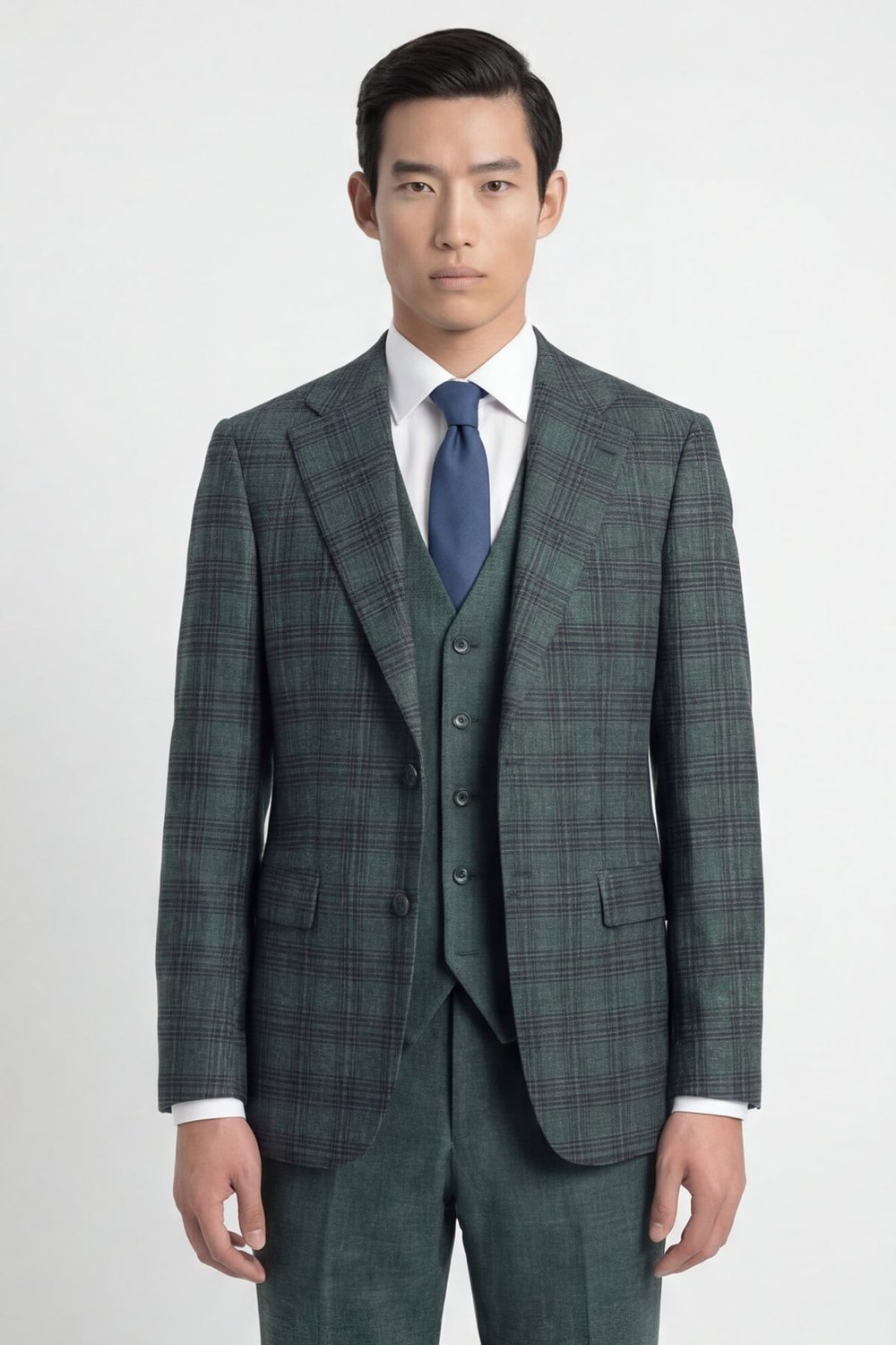Giotelli Erkek Yeşil Dar Kesim Slim Fit Viskon Ekose Sivri Yaka Fleto Kapaklı Cep Çift Yırtmaçlı Klasik Paça Tam Astarlı 6 Drop Yelekli Takım Elbise