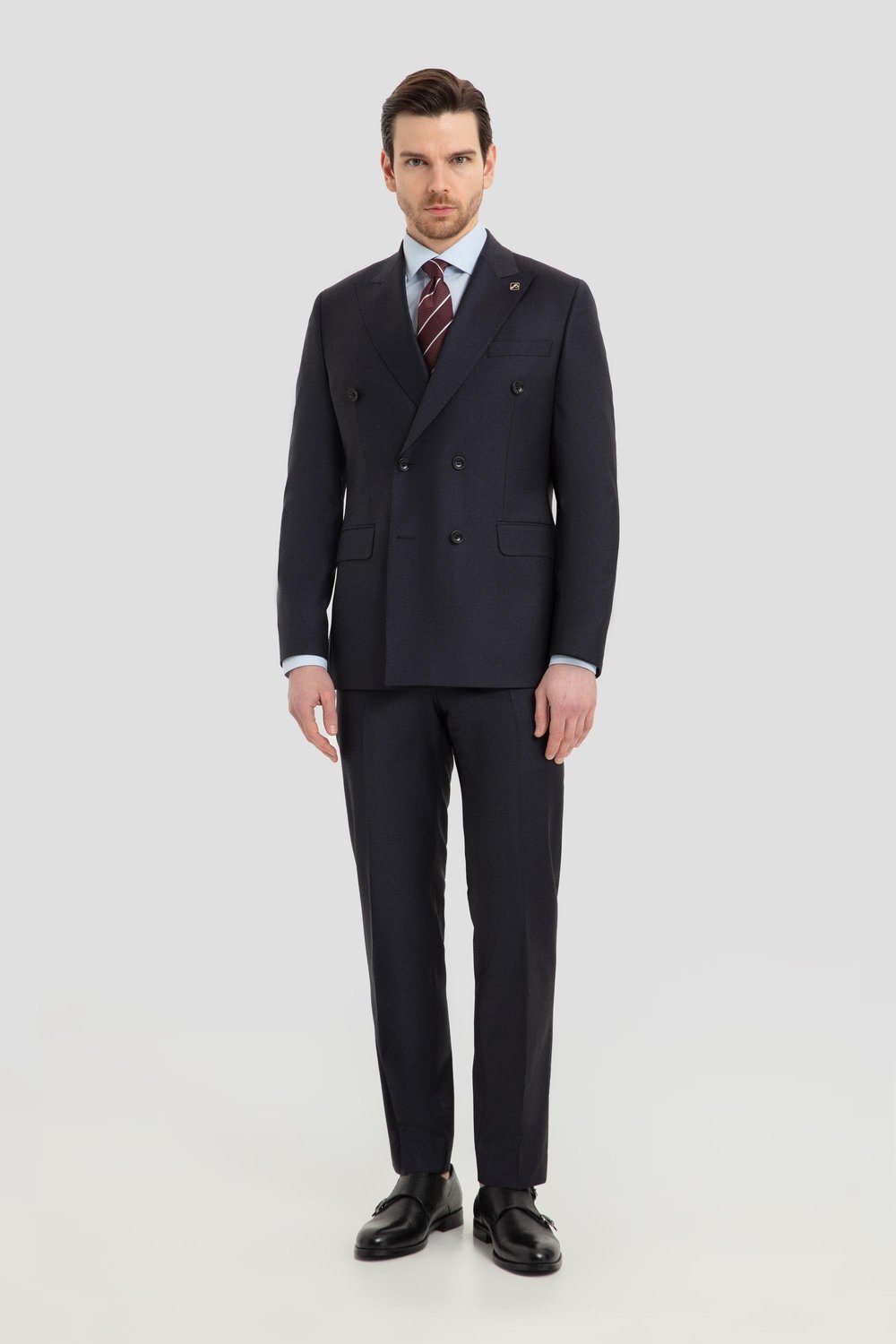 Erkek Lacivert Slim Fit Kruvaze Sivri Yaka 6 Drop Yün Karışımlı Takım Elbise