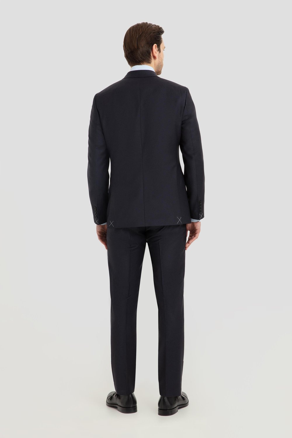 Erkek Lacivert Slim Fit Kruvaze Sivri Yaka 6 Drop Yün Karışımlı Takım Elbise