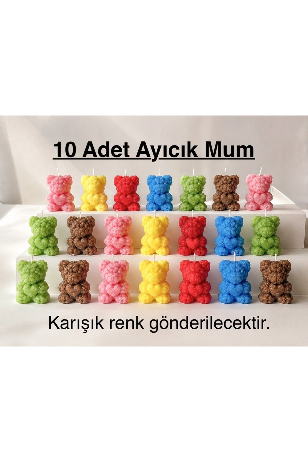10 Adet Renkli Ayıcık Mum Seti | Karışık Renk Teddy Bear Mum | Hediyelik, Baby Shower, Doğum Günü Süsü