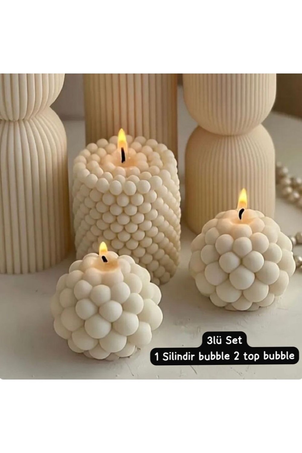 2 Top 1Silindir 3lü Bubble Dekoratif Kokulu Mum Seti - Pearly Candle - İnci Mum Soya Wax Vegan Mum
