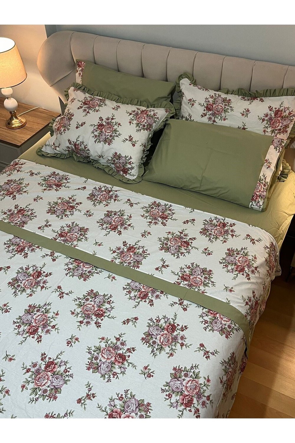 Çiçekli Çift Taraflı %100 Pamuk Çift Kişilik Nevresim Takımı 6 Parça Set - Yeşil