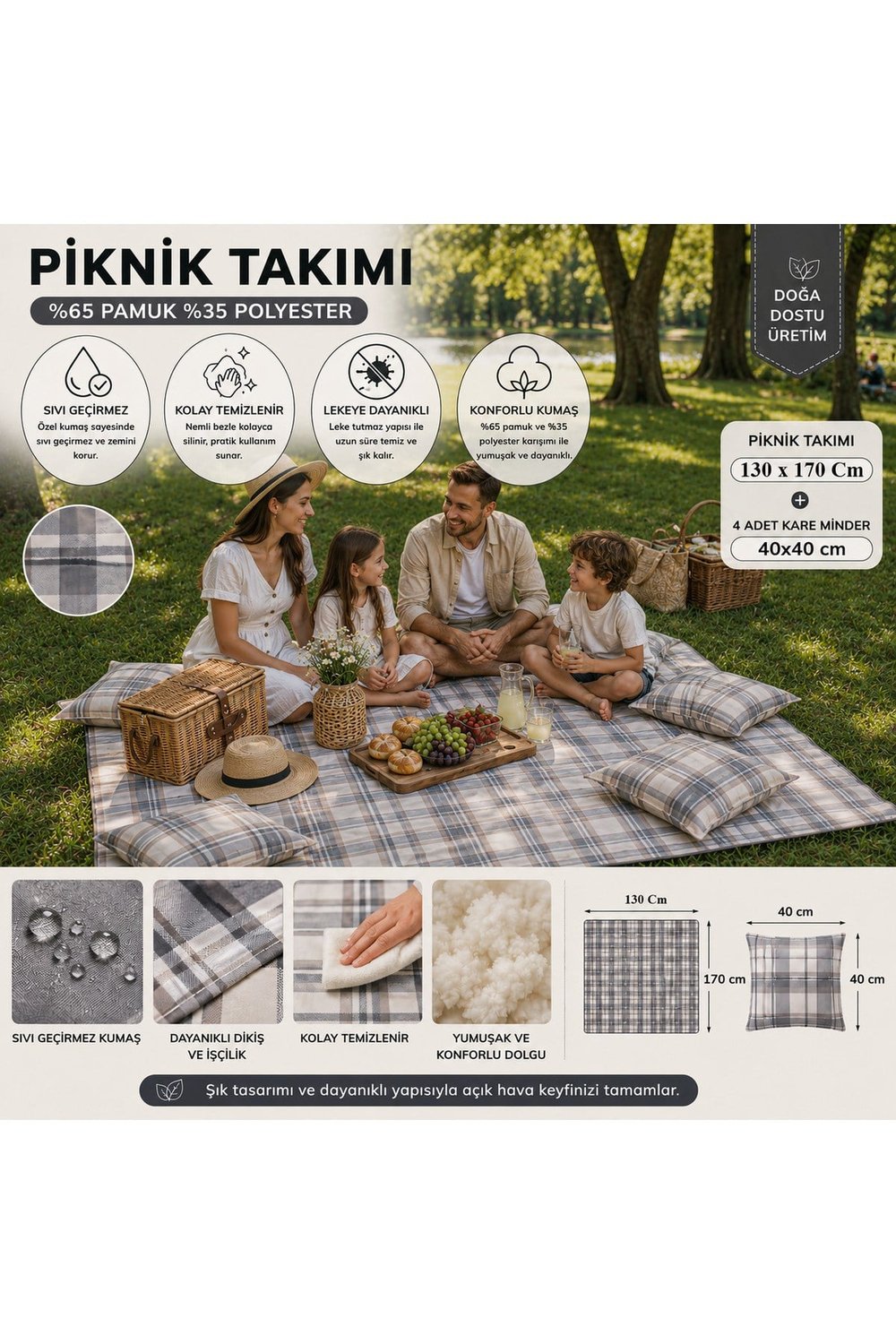 Ekose Piknik Takımı 130x170 cm + 4 Minder | Bahçe, Kamp ve Piknik Kullanımına Uygun