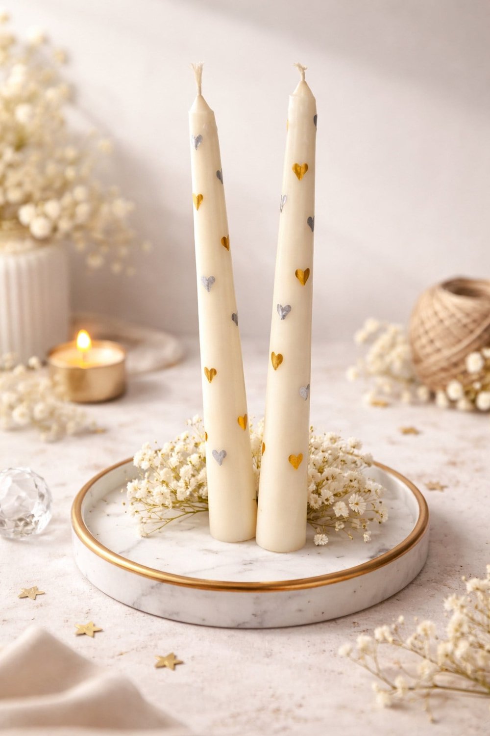 Gümüş ve Gold Renkli Kalp Desenli Şamdan Mumu 2li Set