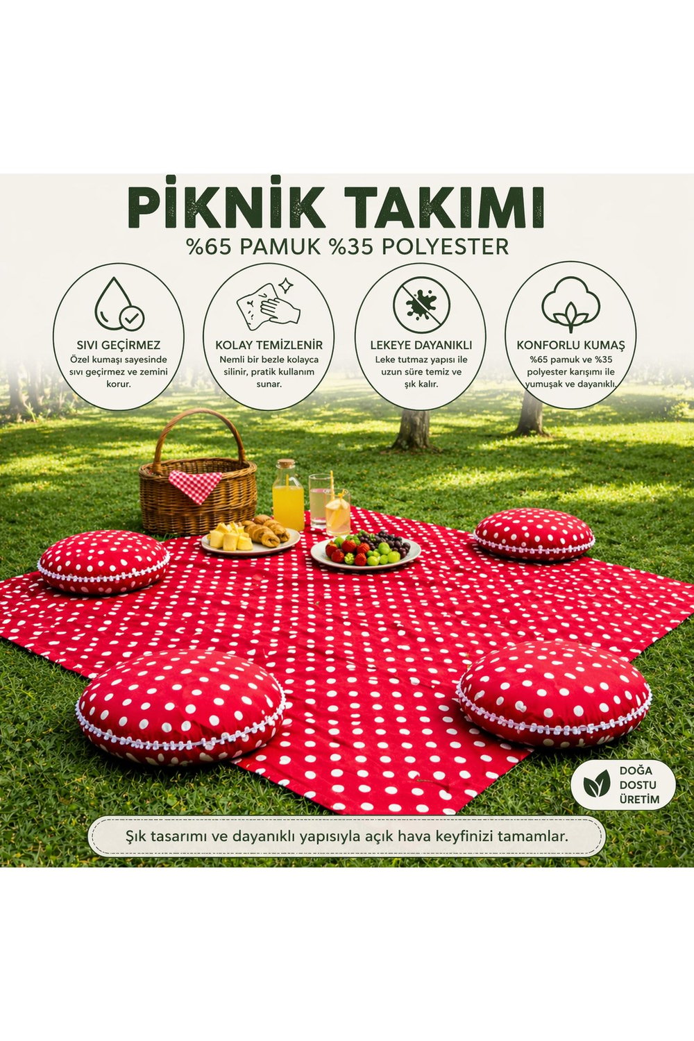 Keten Sıvı Geçirmez Puantiyeli Piknik Seti 4 Minderli Piknik Masa Örtüsü Bahçe Kamp Piknik Takımı