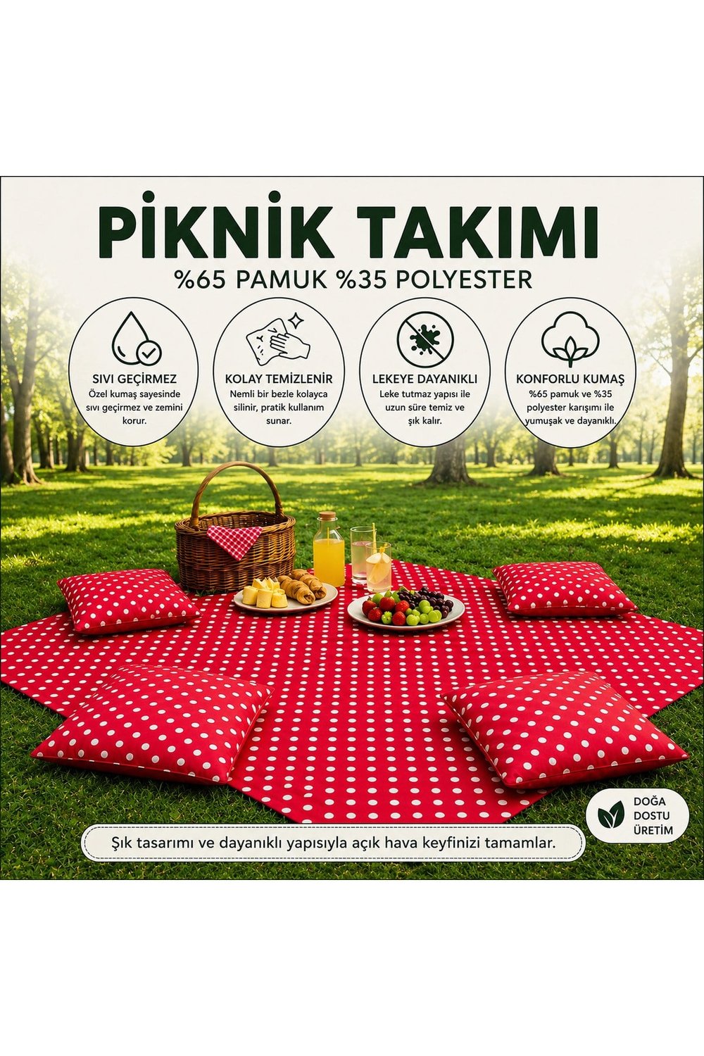 Kırmızı Puantiyeli Piknik Takımı 170x170 cm | 4 Kare Dolgulu Minderli | Sıvı Geçirmez | Özel Üretim