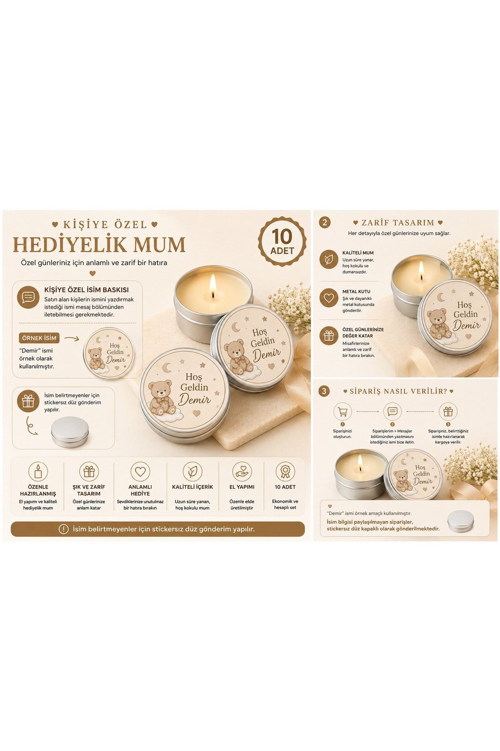 Kişiye Özel İsim Baskılı Ayıcık Temalı Hediyelik Mum 10 Adet | Metal Kutulu Bebek Mevlüdü, Baby Shower, Hastane Çıkışı Dağıtmalık Mum