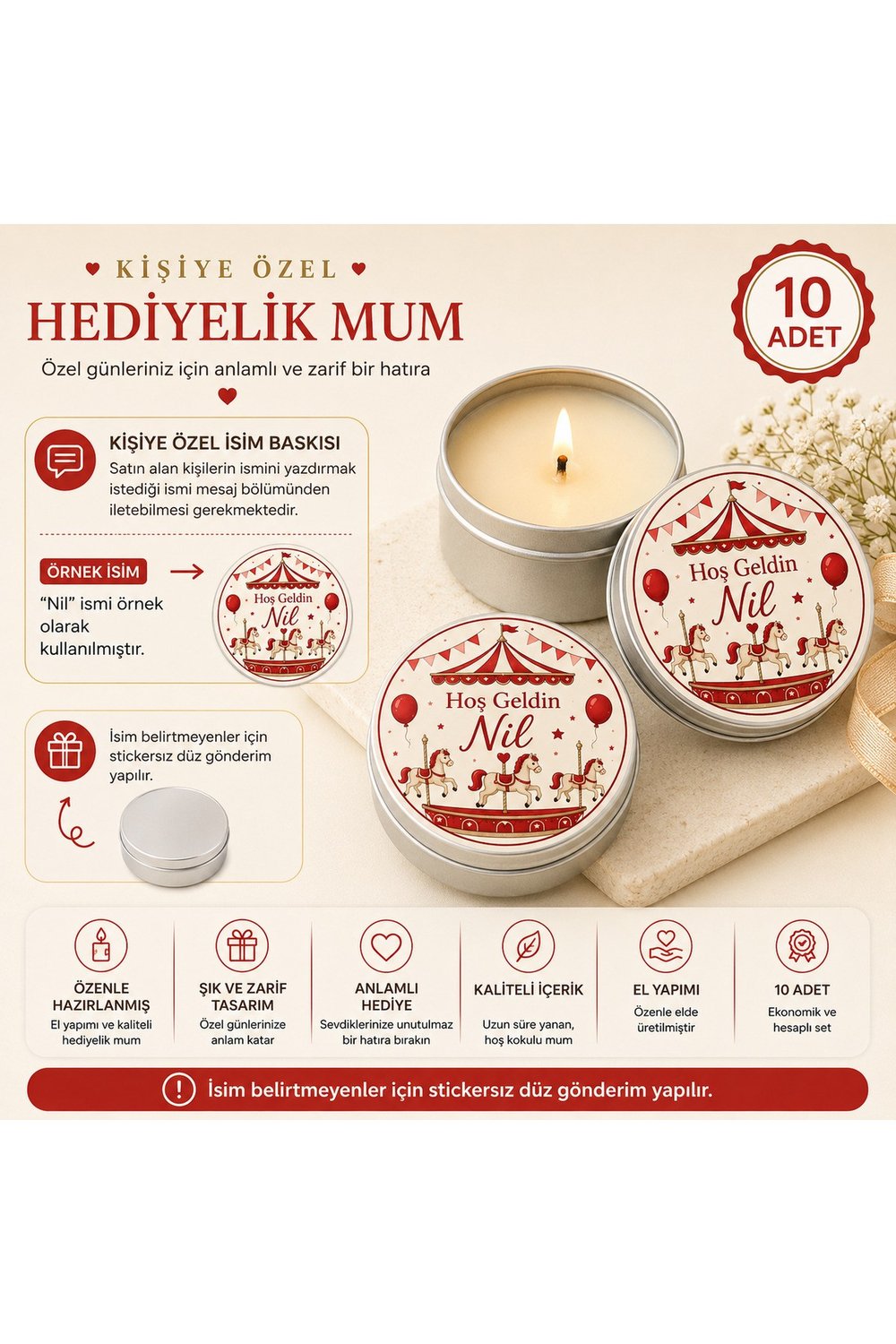 Kişiye Özel İsim Baskılı Hediyelik Mum 10 Adet | Atlı Karınca Temalı Metal Kutulu Bebek Mevlüdü, Baby Shower, Hastane Çıkışı Dağıtmalık Mum