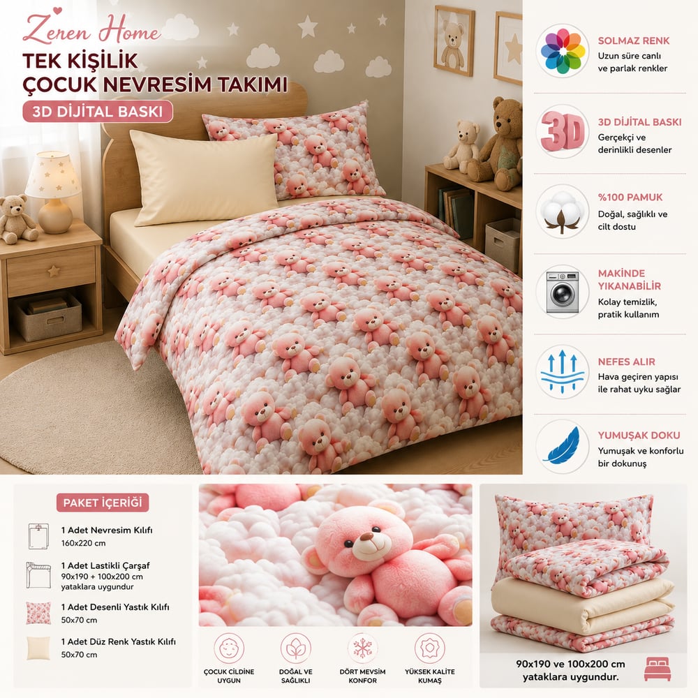 Koalalı Çocuk Nevresim Takımı %100 Pamuk | 160x220 Nevresim + Lastikli Çarşaf + 2 Yastık Kılıfı | Yağ Yeşili Çarşaflı
