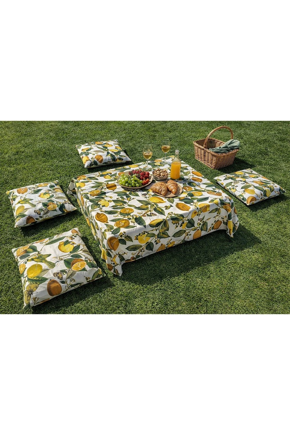 Limon Desenli Sıvı Geçirmez Keten Piknik Takımı Masa Örtüsü ve 4 Minderli Piknik Seti 170x170