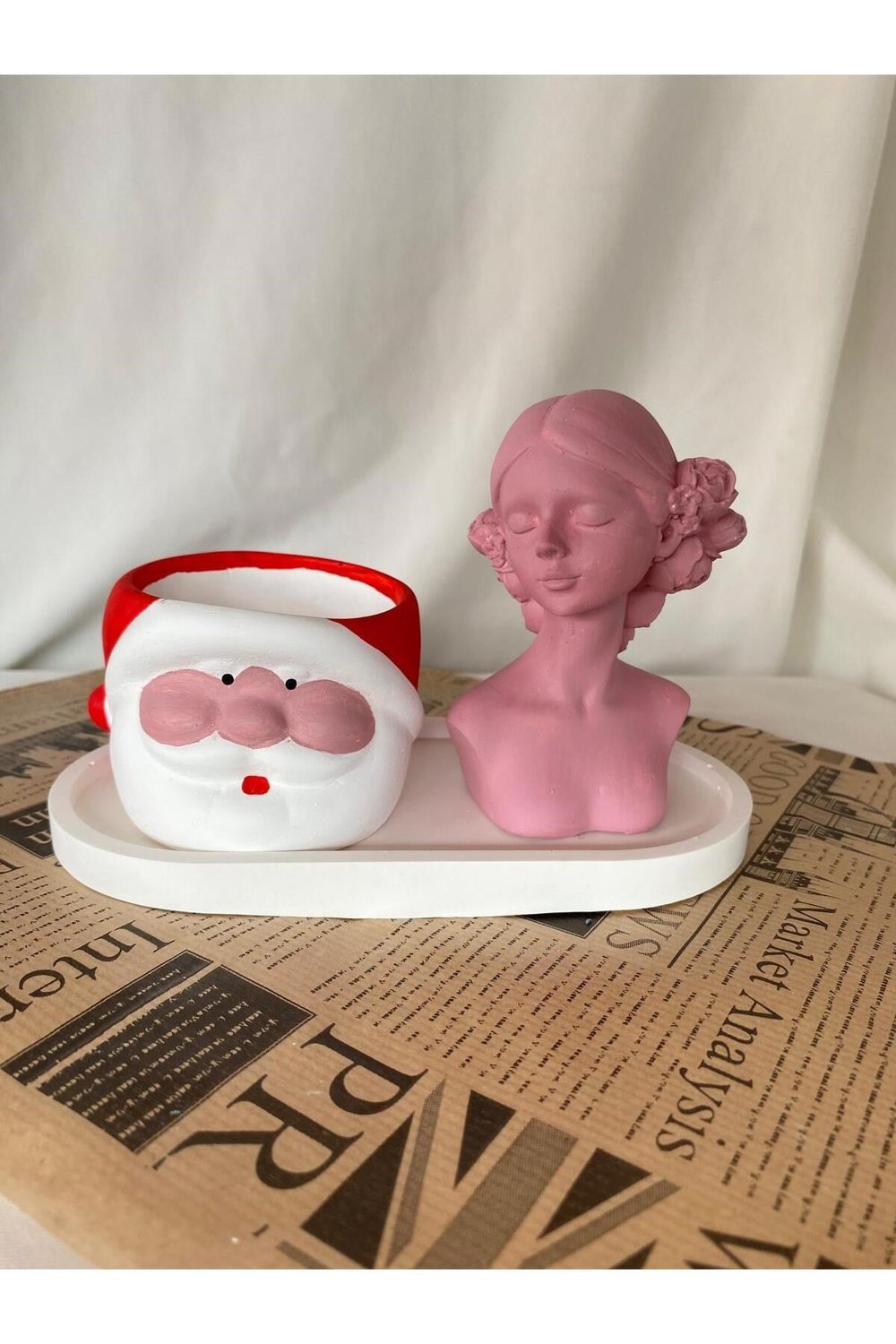 Noel Baba Saksı - Kadın Şekilli Mum ve Organizer Tabak 3 lü Set -Yılbaşı Hediyesi Dekoru