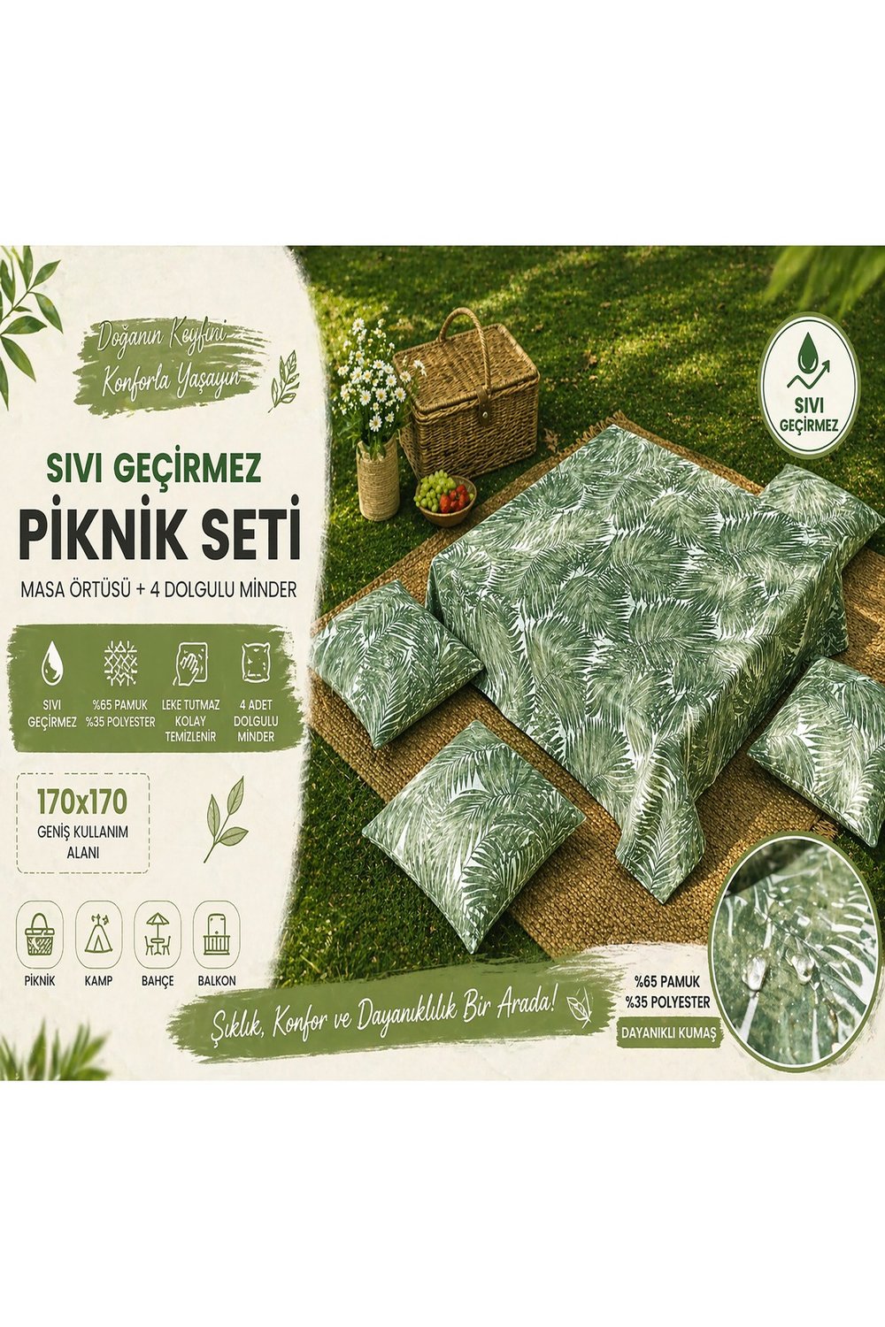 Piknik Seti 4 Minderli 170x170 Sıvı Geçirmez Masa Örtüsü | Bahçe Kamp Balkon Kumsal Örtüsü Yeşil