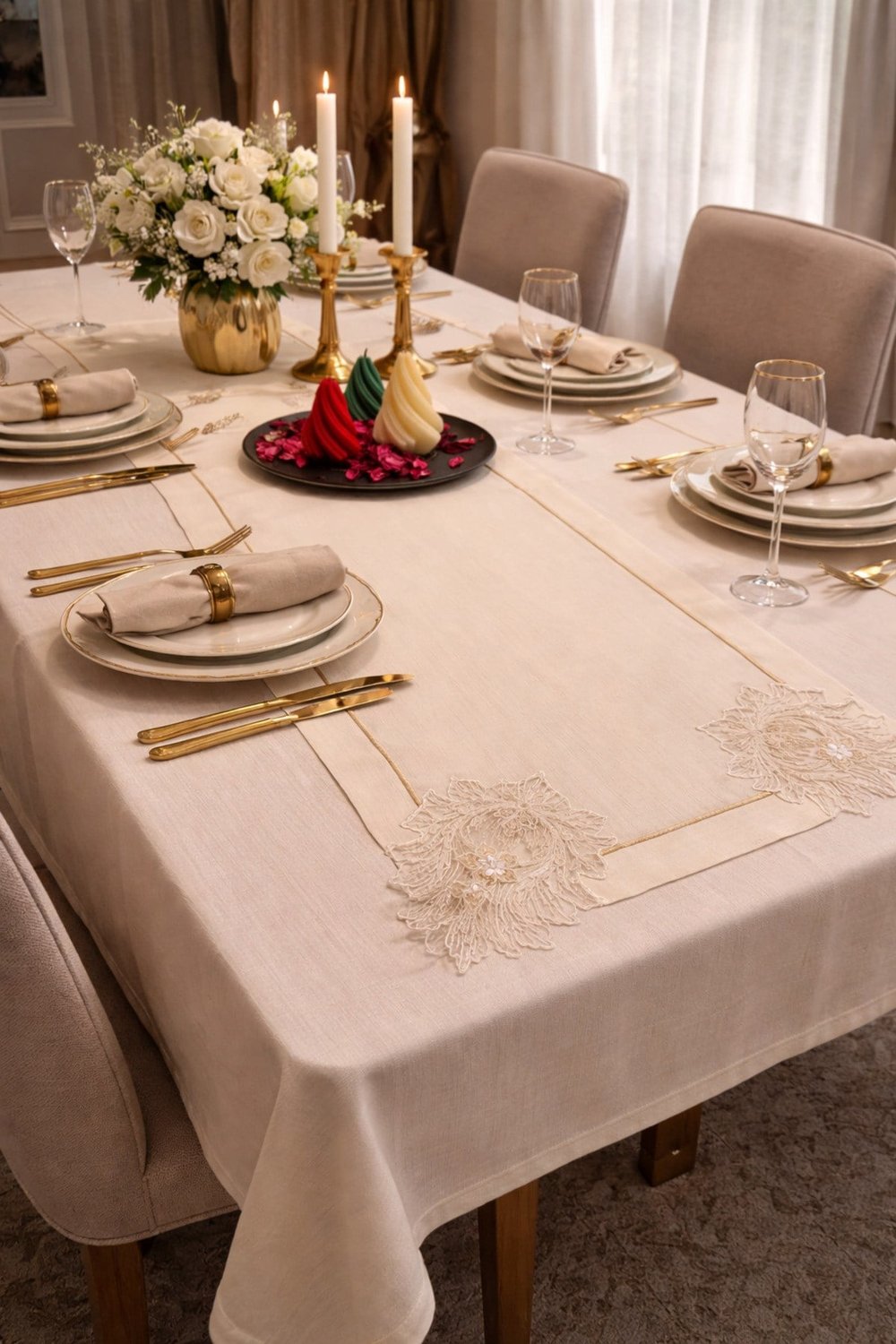 Piko Sarma Detaylı 4 Köşe Dantelli Runner 40 x 160 Krem