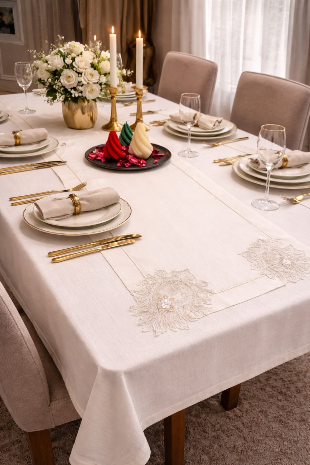 Piko Sarma Detaylı 4 Köşe Dantelli Runner 40 x 160 Kırık Beyaz