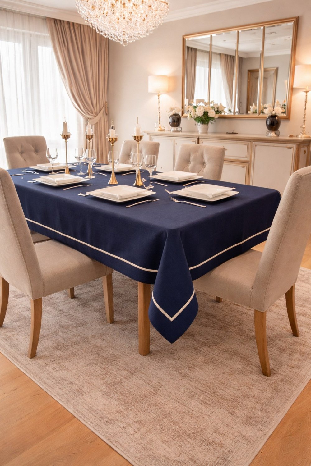 Piko Sarma Gold Detaylı Masa Örtüsü - Runner Takım Lacivert (Kutulu)