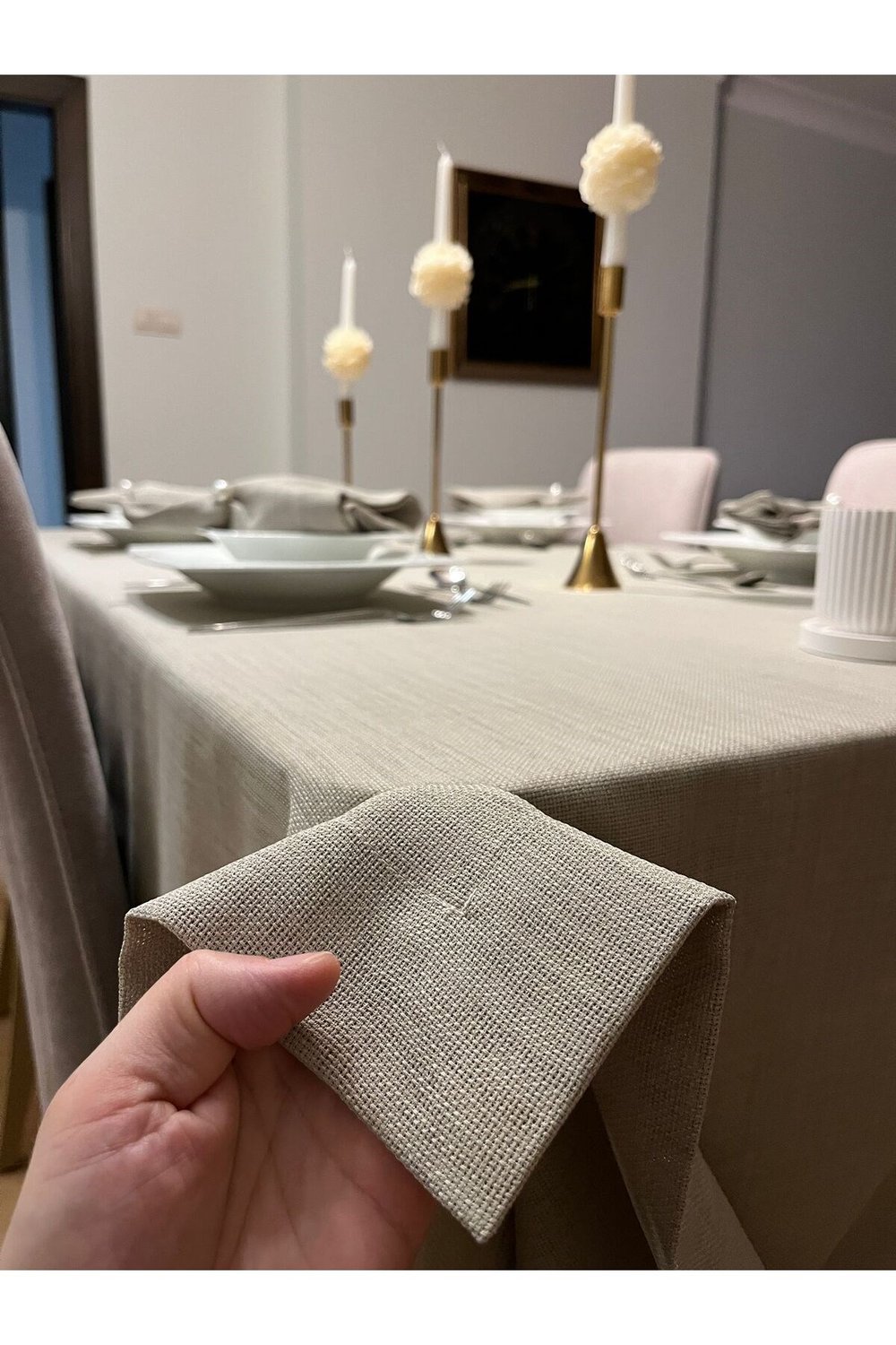Polyester Keten Etamin İşlemeye Uygun Dertsiz Masa Örtüsü Taş Rengi