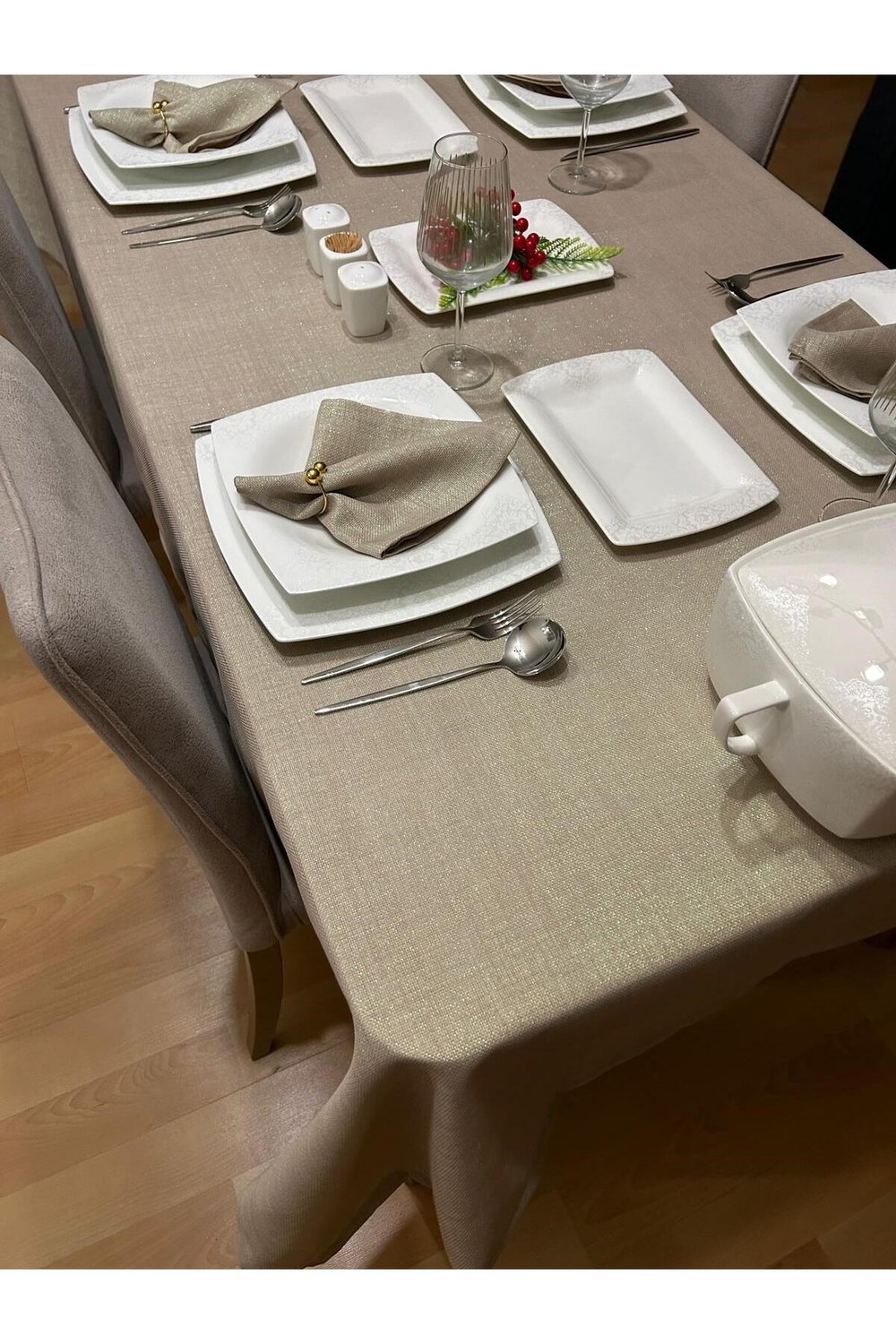 Polyester Keten Simli Linen Masa Örtüsü Taş Rengi + 6 Peçete