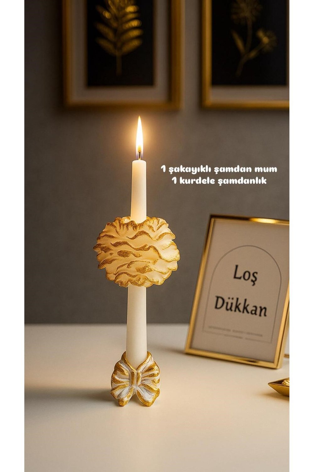 Şamdanlık(Dahil) Gold Şakayıklı Zarif Şamdan Mumu 1 ADET-Pinterest Konsept Tasarım Ortası Çiçekli