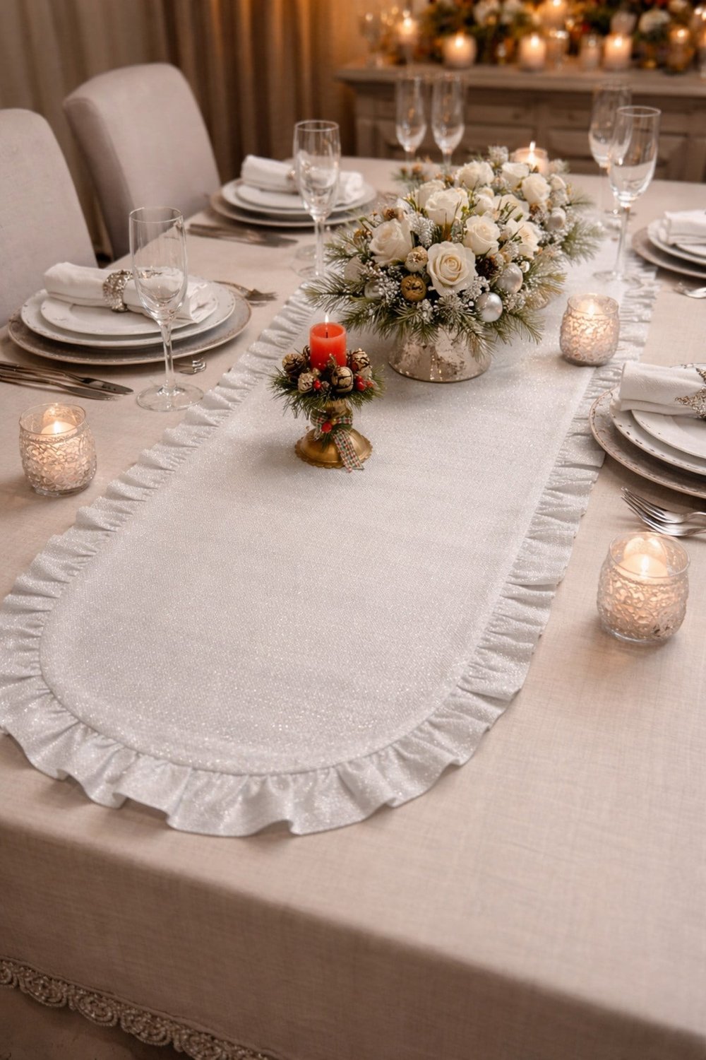 Simli Keten Görünümlü Oval Runner | Fırfırlo Lüks Masa Runner | Işıltılı Şık Sofra Dekoru - 40x140