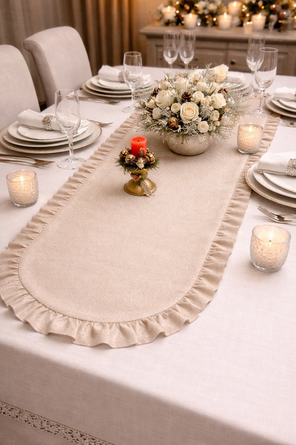 Simli Keten Görünümlü Oval Runner | Fırfırlo Lüks Masa Runner | Işıltılı Şık Sofra Dekoru - 40x140