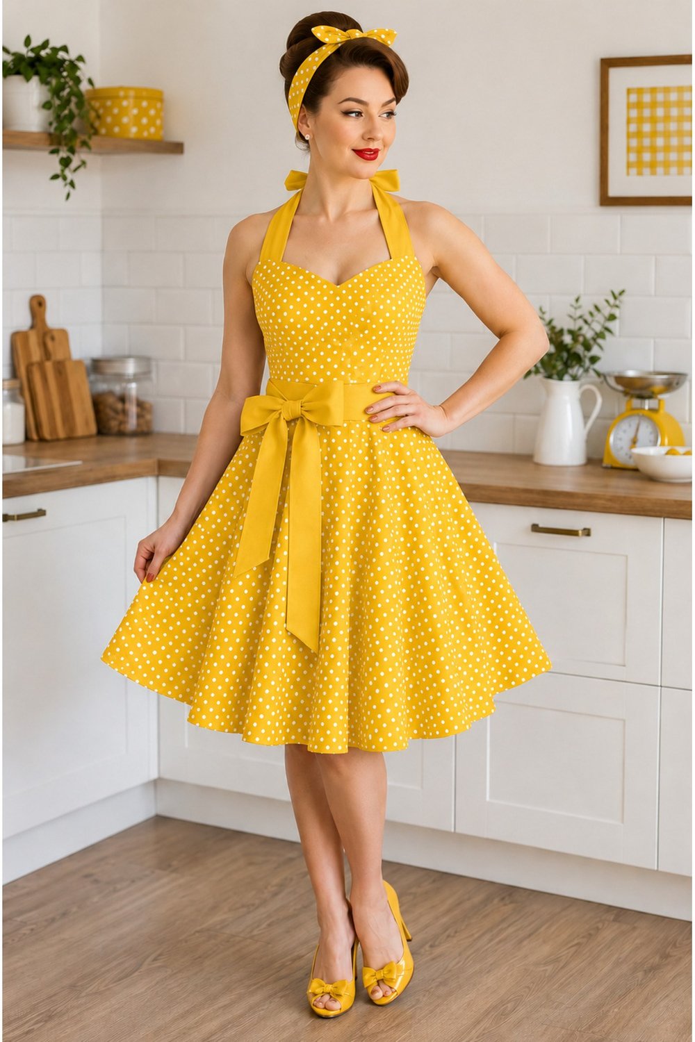Sıvı Geçirmez Keten Mutfak Önlüğü | Oeko-Tex 100 | El İşçiliği | %65 Pamuk %35 Polyester | Retro Puantiyeli Tasarım