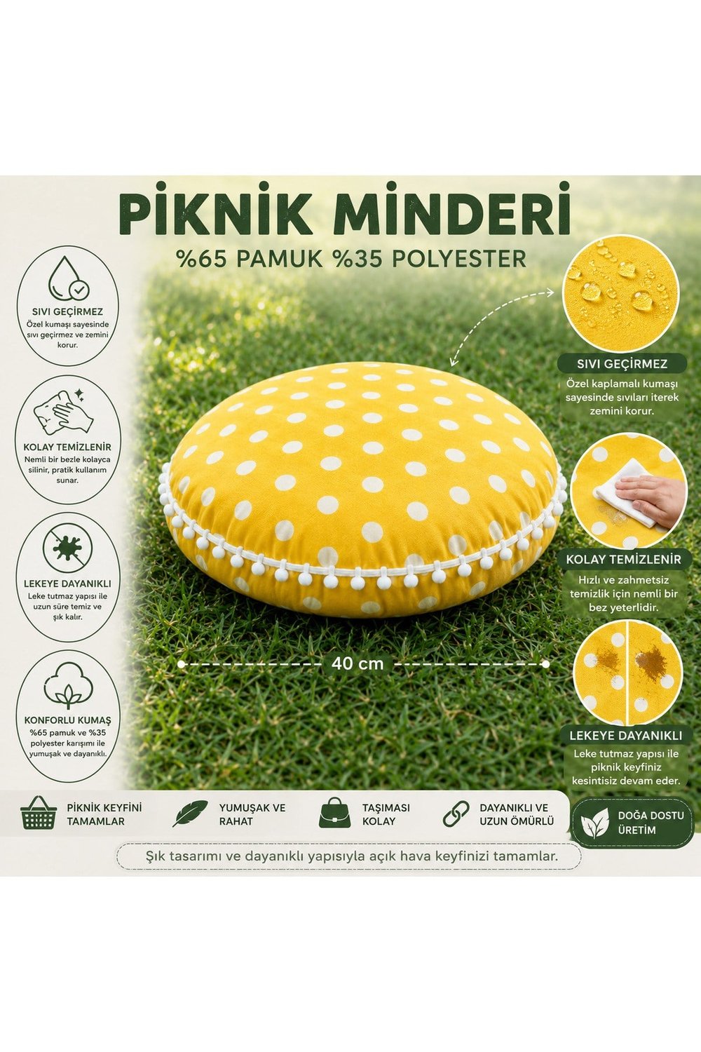 Sıvı Geçirmez Puantiyeli Piknik Masa Sandalye Minderi Bahçe Kamp Piknik Minderi Sarı