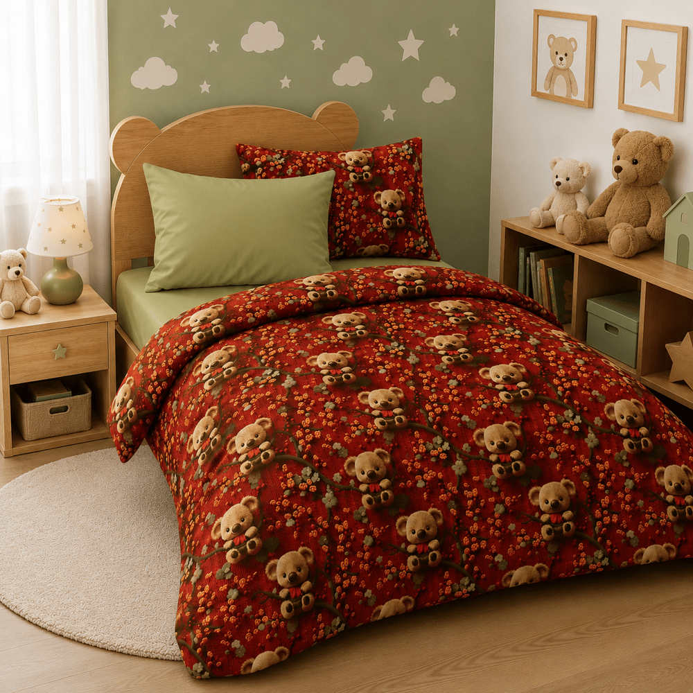 Zeren Home Ayıcıklı Çocuk Nevresim Takımı %100 Pamuk | 160x220 Nevresim + Lastikli Çarşaf + 2 Yastık Kılıfı | Yağ Yeşili Çarşaflı