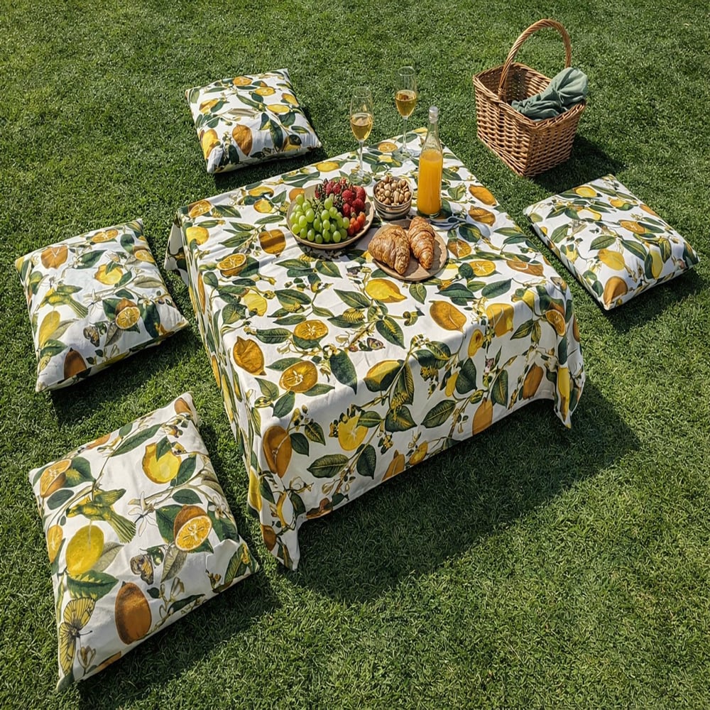 Zeren Home Limon Desenli Piknik Takımı 5 Parça – Masa Örtüsü ve 4 Minderli Piknik Seti, Bahçe Kamp ve Açık Hava Piknik Örtüsü 170x170cm